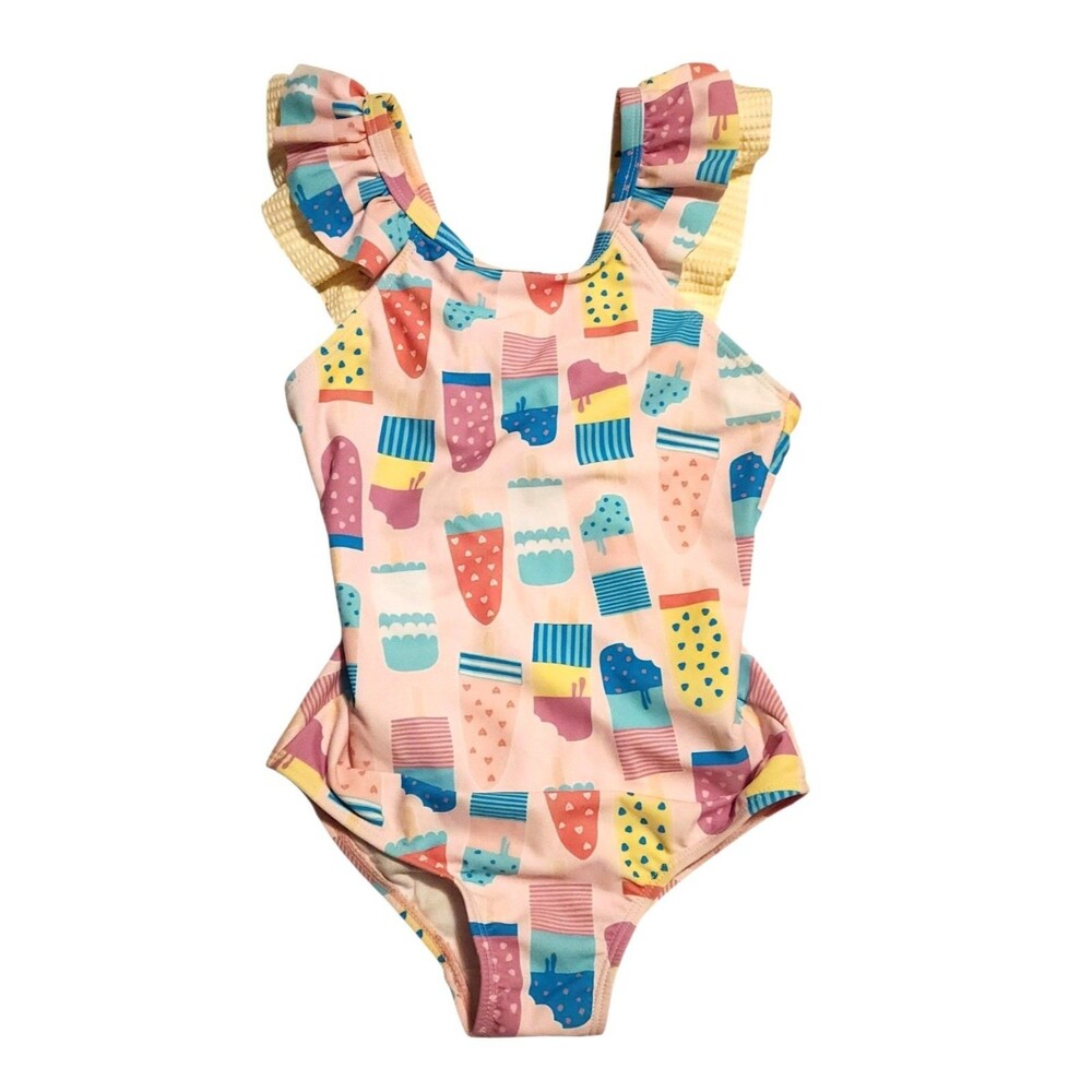 RuffleButts One Piece Swimsuit Ice Cream Social Ruffle Strap V-Back Girls Size 7